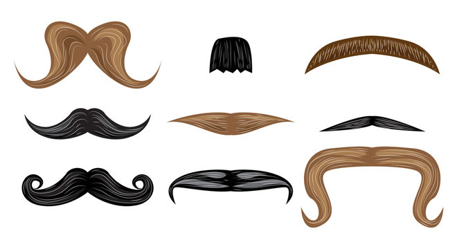 Vector illustrated cartoon facial hair, mustache set isolated on white background.