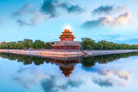 Watchtower of Forbidden City at sunset,Beijing,China