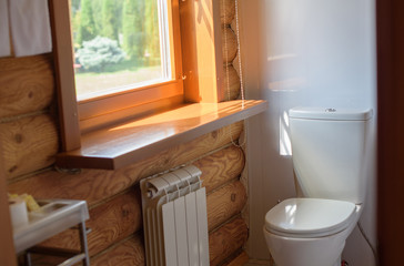 toilet in a rustic log house