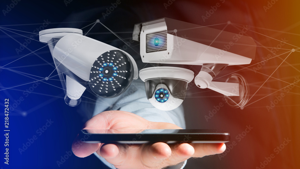 Poster businessman using a smartphone with a security camera system and network connection - 3d rendering