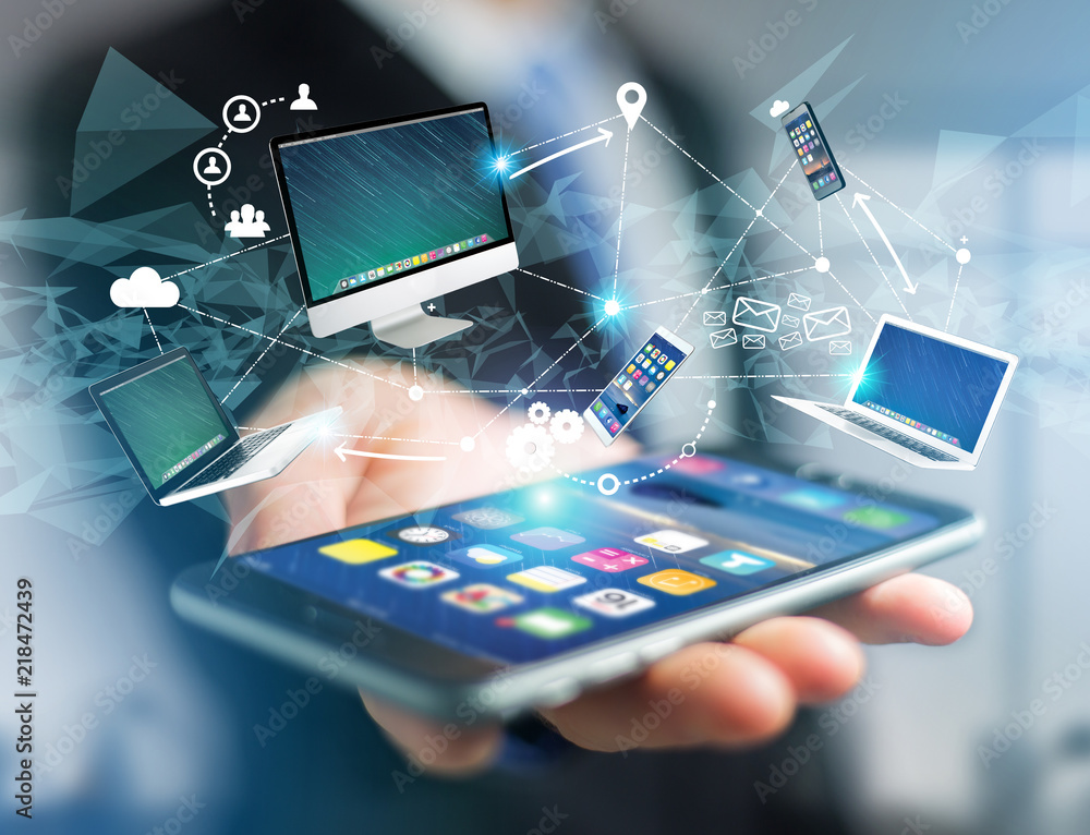 Poster computer and devices displayed on a futuristic interface with interantional network - multimedia and