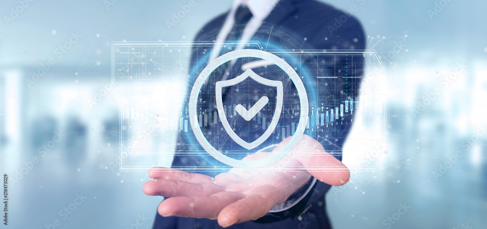 Poster man holding a shield web security concept 3d rendering