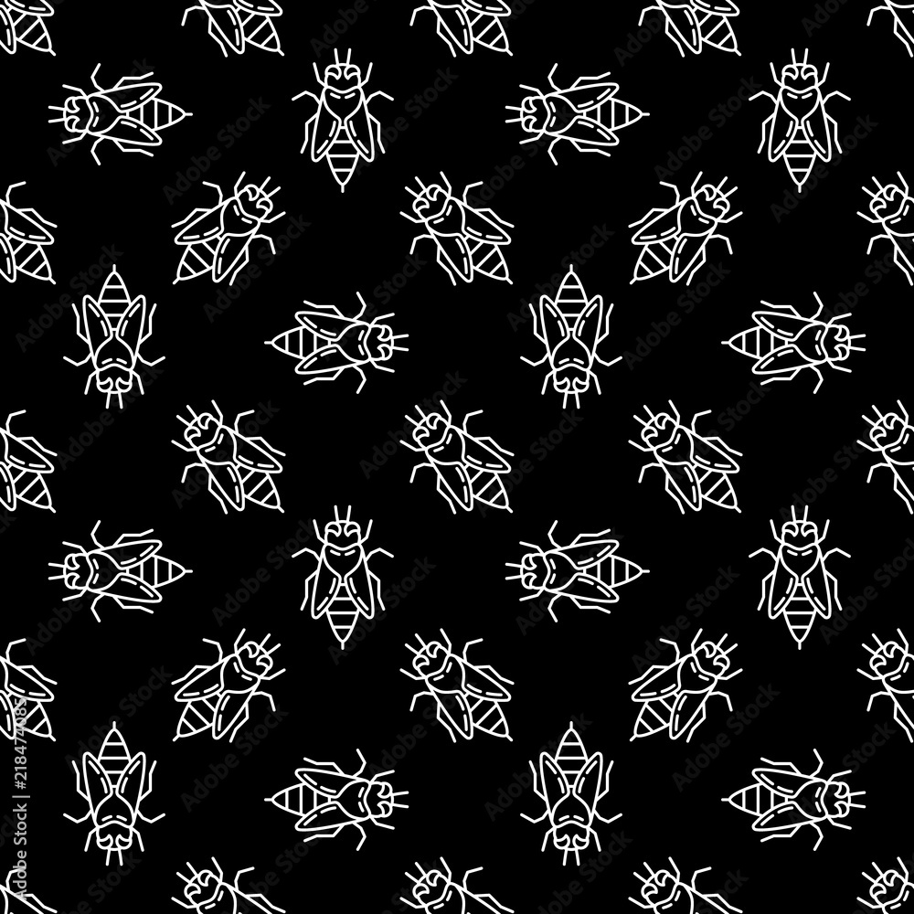 Poster bees vector dark seamless pattern in outline style