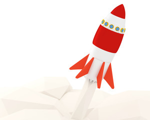 3D illustration. Startup concept with rocket flying on white background.