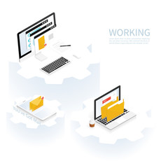 isometric work place computer,teamwork gear vector