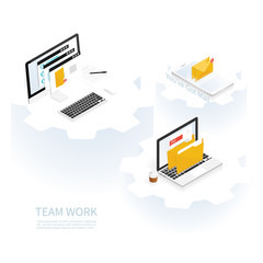 isometric work place computer,teamwork gear vector