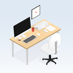isometric office work place laptop vector