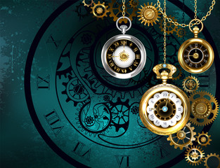 Clock with gears on green background