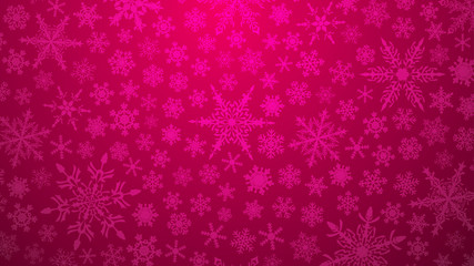 Naklejka na ściany i meble Christmas illustration with various small snowflakes on gradient background in crimson colors