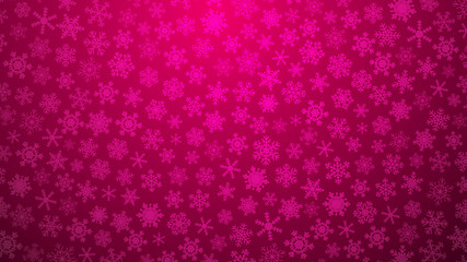 Christmas illustration with various small snowflakes on gradient background in crimson colors