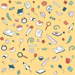 Funny seamless pattern with school supplies and creative elements. Back to school background. Hand drawn vector doodle