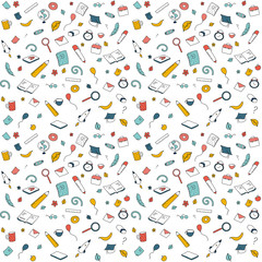 Funny seamless pattern with school supplies and creative elements. Back to school background. Hand drawn vector doodle