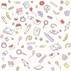 Funny seamless pattern with school supplies and creative elements. Back to school background. Hand drawn vector doodle