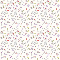 Funny seamless pattern with school supplies and creative elements. Back to school background. Hand drawn vector doodle