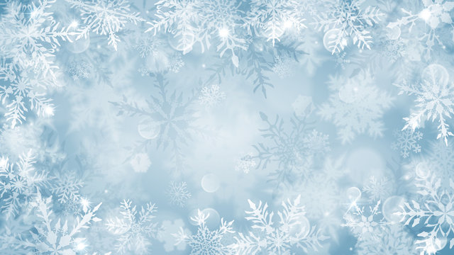 Christmas illustration with white blurred snowflakes, glare and sparkles on light blue background