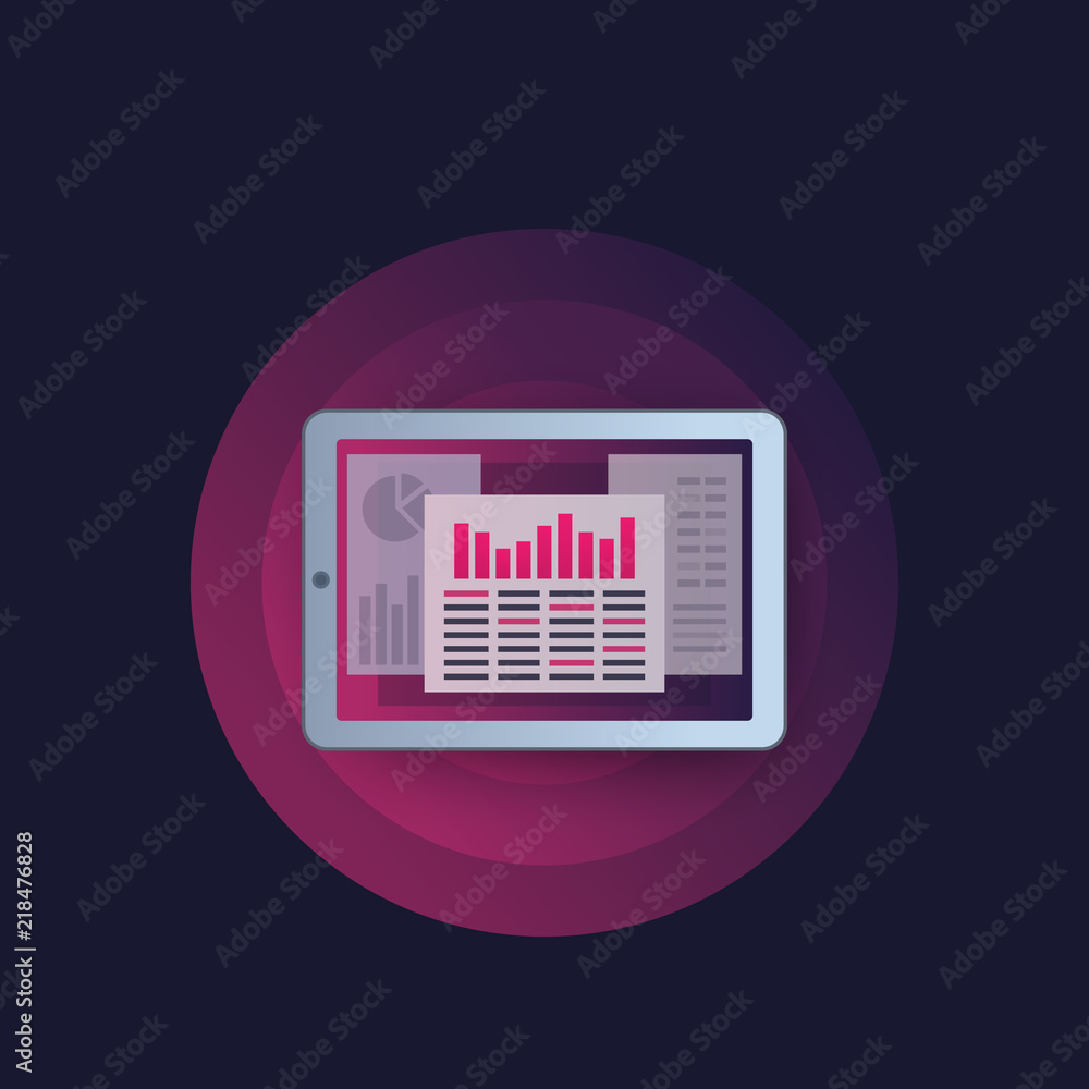 Poster data analytics, statistics charts and spreadsheet in tablet vector icon