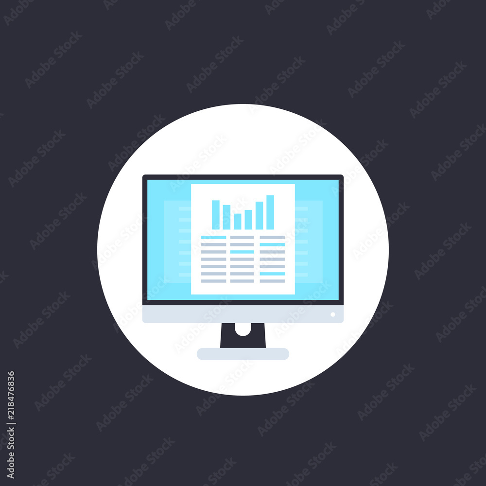Poster data analytics, statistics charts and spreadsheet vector icon