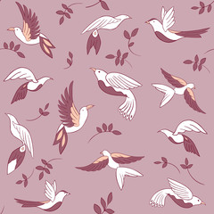 Seamless pattern with little birds and  leaves. Vector illustration. Abstract background.