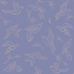 Seamless pattern with little birds and  leaves. Vector illustration. Abstract background.