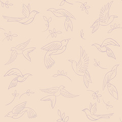 Seamless pattern with little birds and  leaves. Vector illustration. Abstract background.
