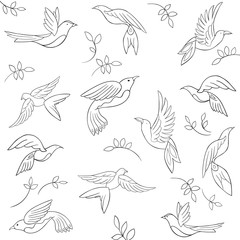 Naklejka premium Seamless line pattern with little birds and leaves. Vector illustration.