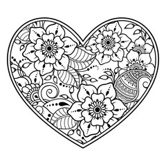 Mehndi flower pattern in form of heart with lotus for Henna drawing and tattoo. Decoration in ethnic oriental, Indian style. Coloring book page.