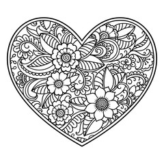 Mehndi flower pattern in form of heart with lotus for Henna drawing and tattoo. Decoration in ethnic oriental, Indian style. Coloring book page.