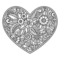 Mehndi flower pattern in form of heart with lotus for Henna drawing and tattoo. Decoration in ethnic oriental, Indian style. Coloring book page.