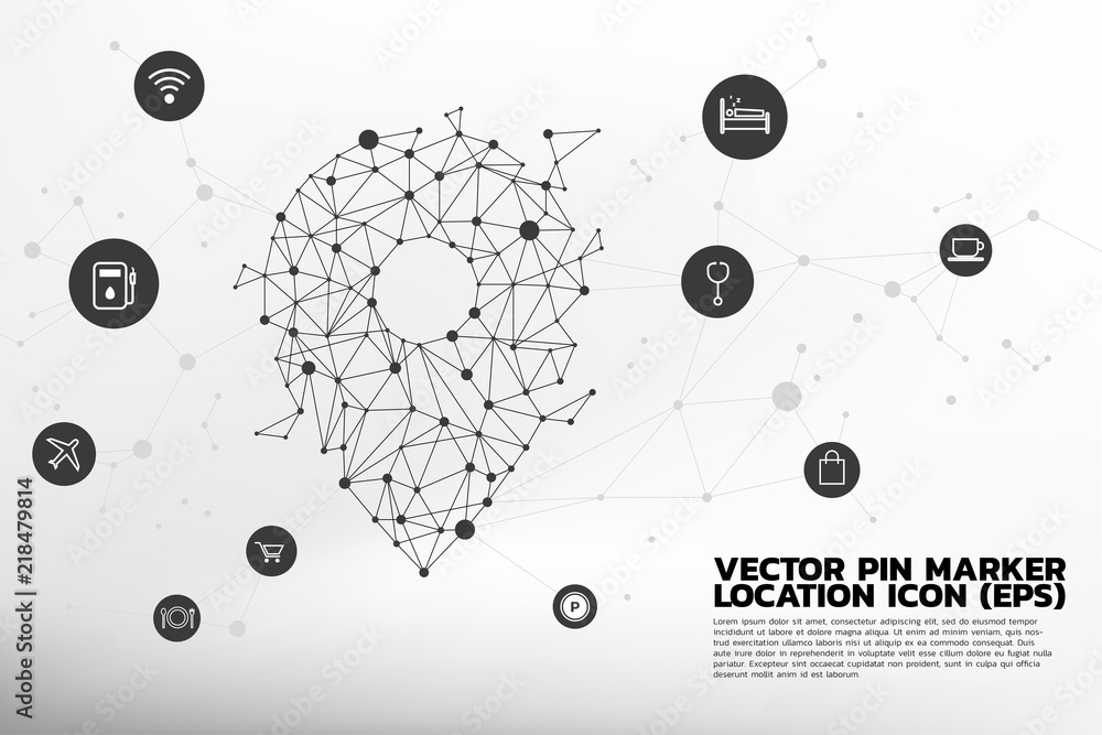 Poster location pin mark icon and place around with polygon dot connected line, concept of location and fac