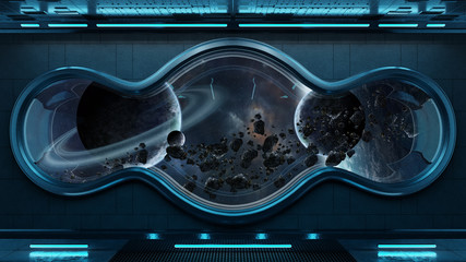 Black tech spaceship round window interior background 3D rendering © sdecoret