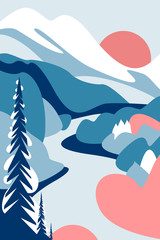 Mountain winter landscape from the foot, slopes, glaciers and snow cap. Firs in the snow, forests and trees, river. Banner for tourism, ecology, preservation of the environment. Vector illustration.