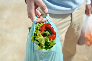Close up on person buyer hold groceries in bags. Buy sell vegetables. Healthy wellbeing lifestyle background