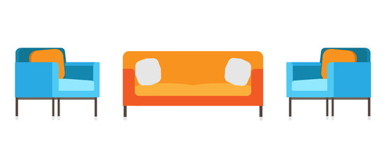 Sofa and chair office living room couch relax. Interior funriture vector isolated design. Vacation icon decoration symbol art. House armchair equipment settee with pillows. Flat cushion element resort