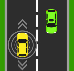 Autonomous car top view background. Digital vehicle above illustration. Smart design self driverless vector symbol isolated. GPS technology object sensor future. Concept road closeup information