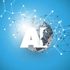 Machine Learning, Artificial Intelligence, Cloud Computing and Networks Design Concept with Geometric Network Mesh and AI Label