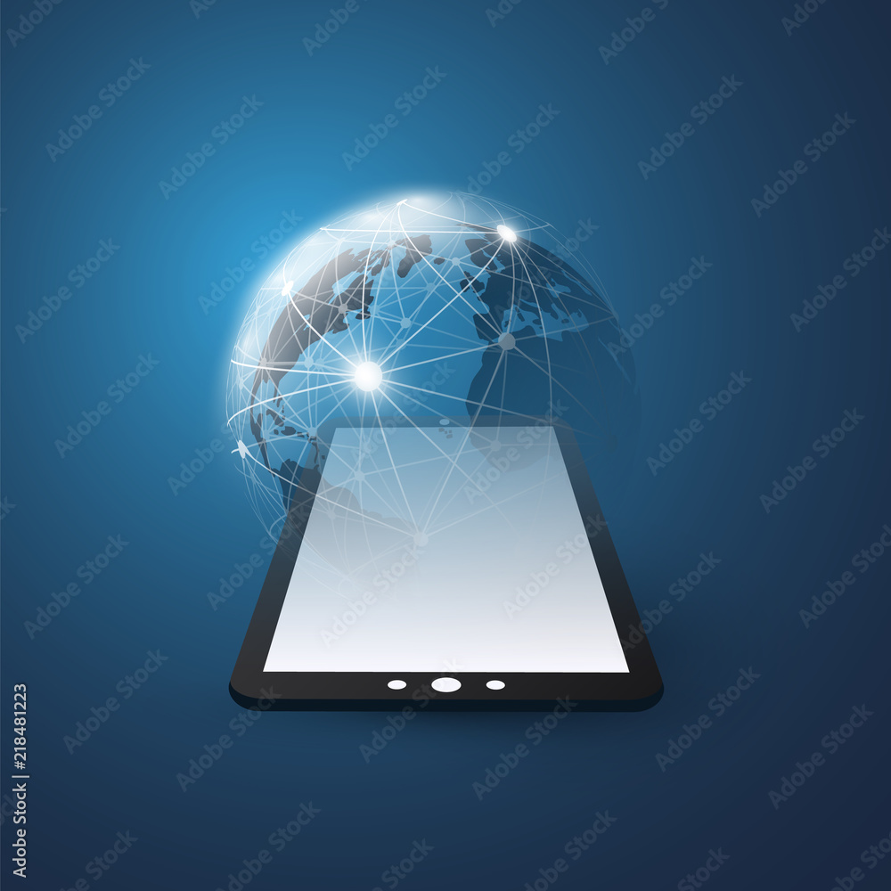 Poster cloud computing design concept with earth globe and tablet pc - digital network connections, technol