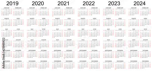 Fototapete Six Year Calendar 2019, 2020, 2021, 2022, 2023 And 2024 In White Background-Saurav005