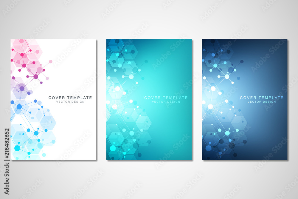 Poster vector template for brochure or cover with molecular structure background and connected lines and do