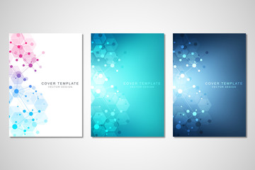 Vector template for brochure or cover with molecular structure background and connected lines and dots. Medicine, science and digital technology concept.