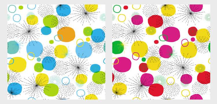 Hand Drawn Abstract Elements Vector Pattern Set. Bold Colours. White Background. Gray Lines. Blue, Green, Pink, Red and Yellow Round Shapes. Grey Polka Dots.