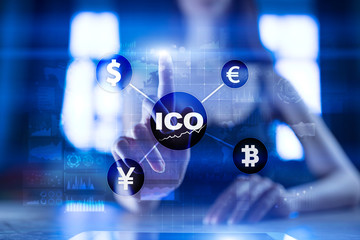 ICO, Initial Coin Offering. Digital electronic binary money financial concept. Bitcoin currency...