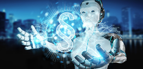 White robot woman using law paragraph digital hologram 3D rendering