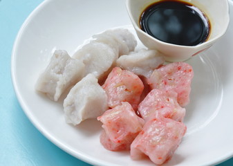 steamed Guizhou or dumpling stuffed chop bamboo shoot and mashed taro dipping with soy sauce