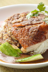 roasted duck meat topping rice dressing sweet sauce and pickled ginger on plate