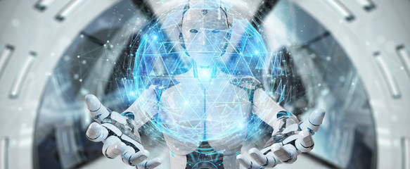 White robot woman using digital sphere connection hologram 3D rendering