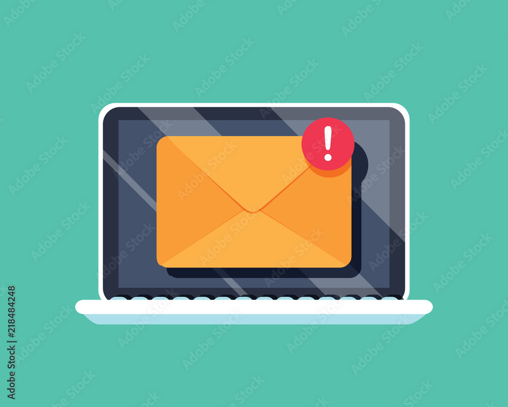 Poster new message icon on laptop screen. vector illustration. one new incoming message envelope with notif