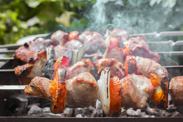 Closeup of cooking meat shashlik outdoors