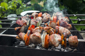 Closeup of cooking meat shashlik outdoors