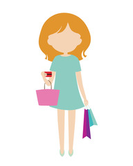 Young woman in green dress stands and holds shopping bags and credit card while shopping. Flat design - isolated on white background