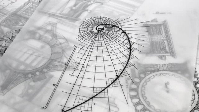 Blueprints - drawing of the golden section and drawings of antique decorative elements of architectural orders / seamless looping	